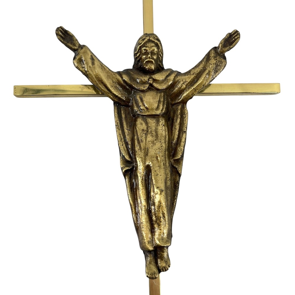 Vintage Brass Risen Christ Wall Crucifix 10 Inch Gold Tone Mid Century Modern
